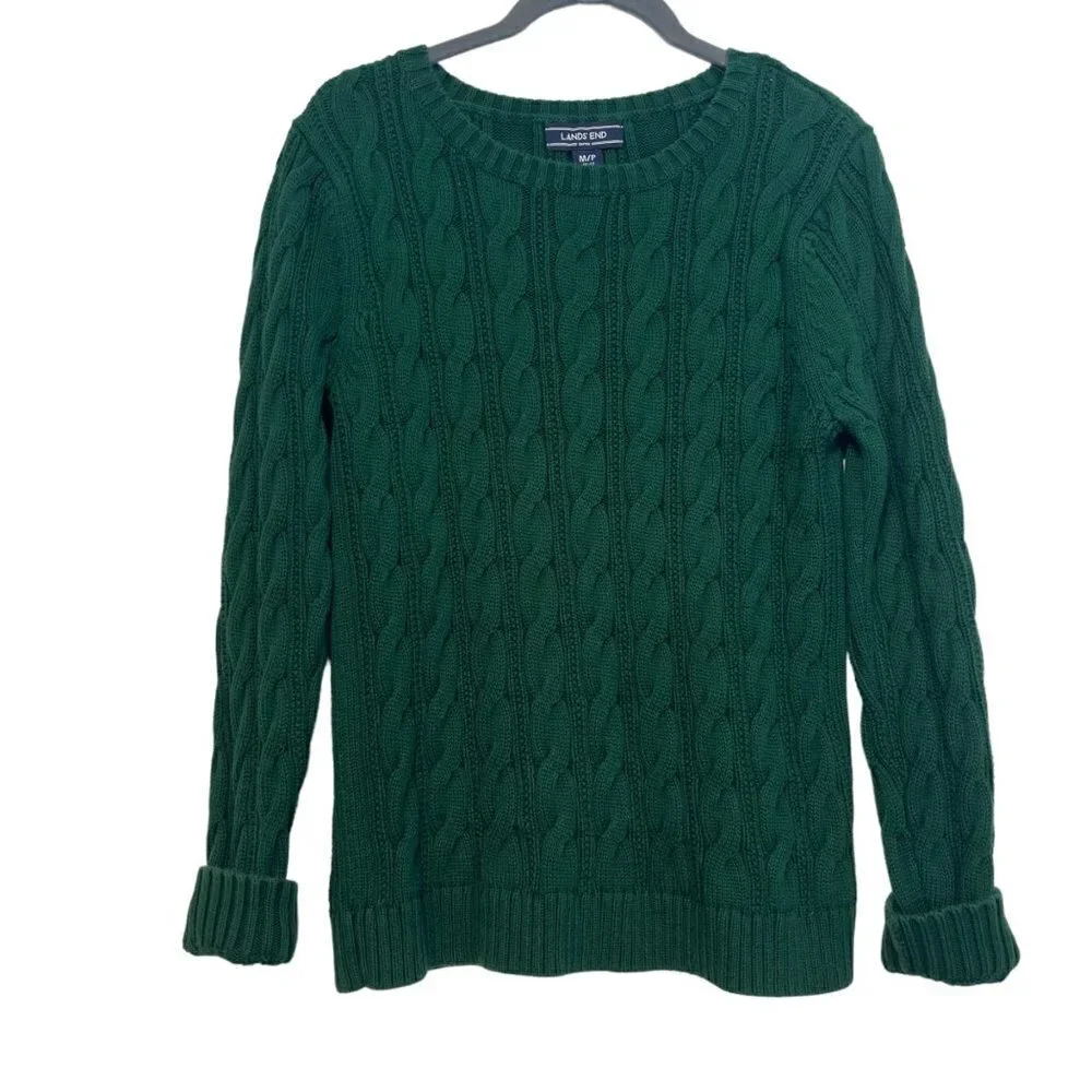 Lands End Cable Knit Cotton Fisherman Sweater Hunter Green Womens MP Snug Fit